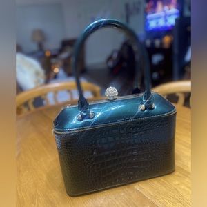 Jeweled faux croc patina leather hand bag